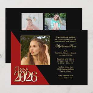 Invitación Clase de 2026 Graduado de Oro Rojo con Foto