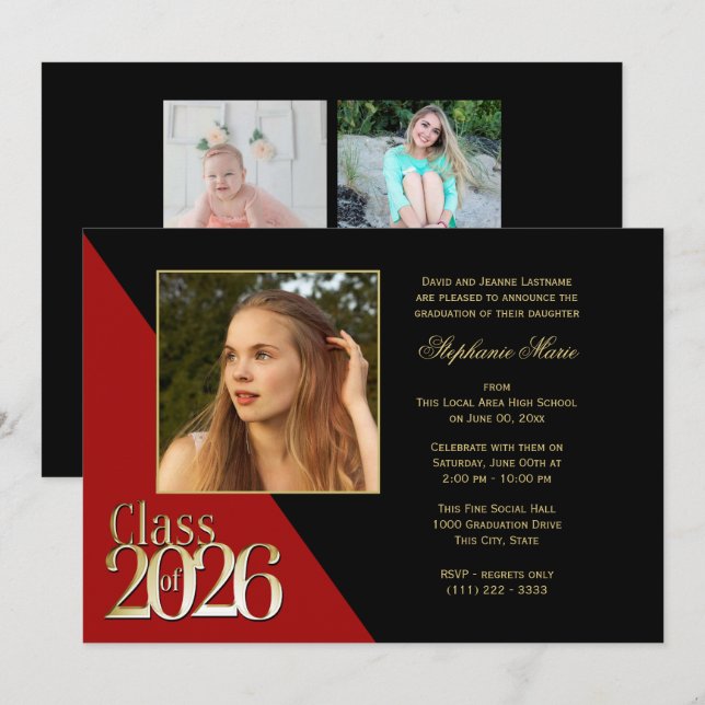 Invitación Clase de 2026 Graduado de Oro Rojo con Foto (Anverso / Reverso)
