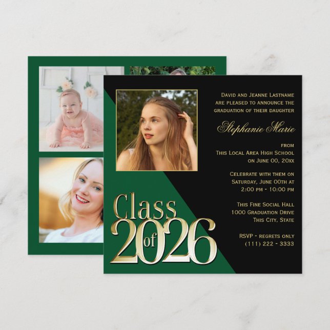 Invitación Clase de 2026 Graduado de oro verde con foto (Anverso / Reverso)