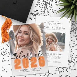 Invitación Clase de 2026 Graduado Naranja Foto Graduación