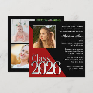 Invitación Clase de 2026 Graduado Plata Rojo con Foto