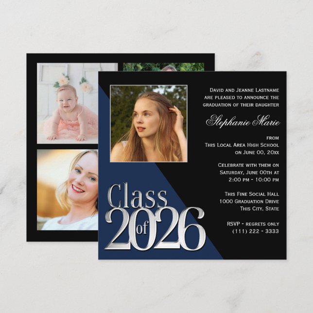 Invitación Clase de 2026 Graduado Plateado Azul con Foto (Anverso / Reverso)