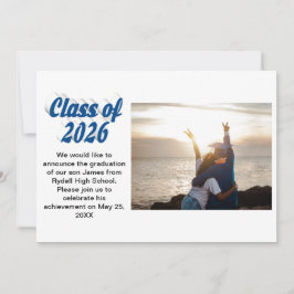 Invitación Clase de 2026 texto azul foto de graduación 