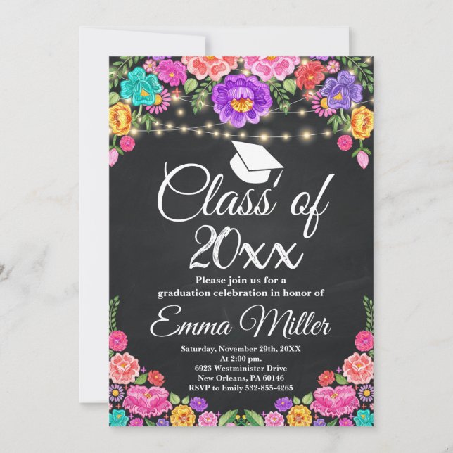 Invitación Clase de 20XX Graduación de pizarra floral mexican (Anverso)
