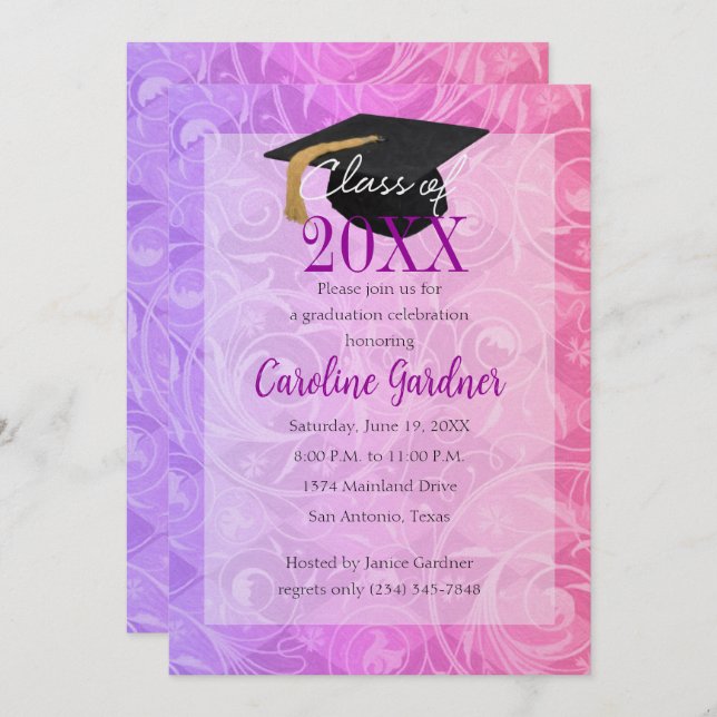 Invitación Clase de 20XX Graduación Rosa y Púrpura (Anverso / Reverso)