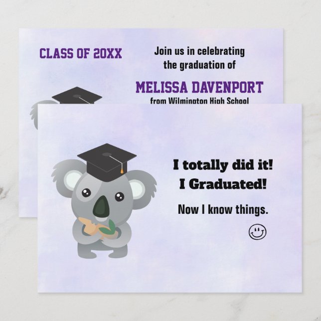 Invitación Clase de 20xx Osito koala lindo en gorro de gradua (Anverso / Reverso)