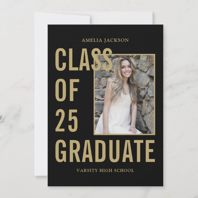 Invitación Clase De 25 Black & Gold 4 Fotos Graduation Party (Anverso)