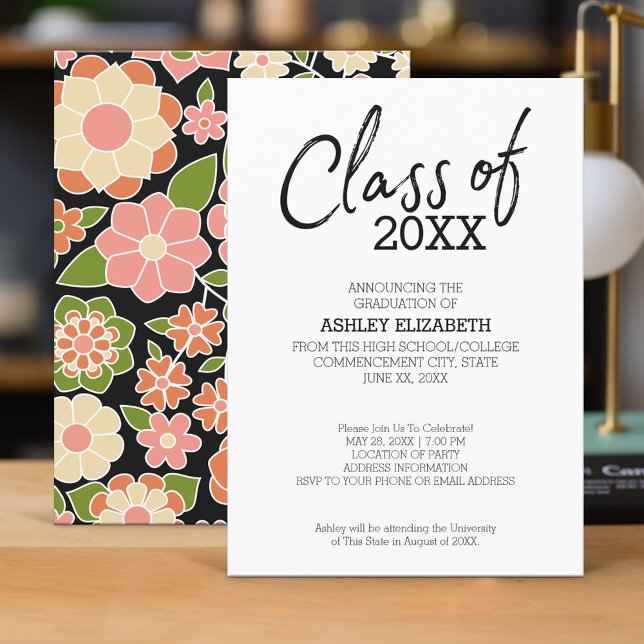 Invitación Clase de AÑO ADD Partido de Graduación Floral (Graduation Invitation - Retro Funky)