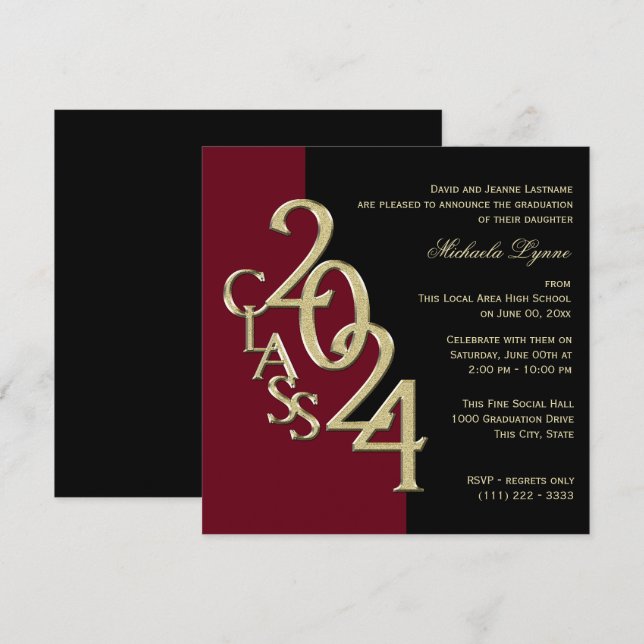 Invitación Clase de Borgoña Grad y Oro 2024 (Anverso / Reverso)