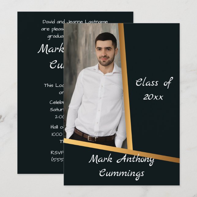 Invitación Clase De Elegancia Dorada De Graduación De Fotogra (Anverso / Reverso)