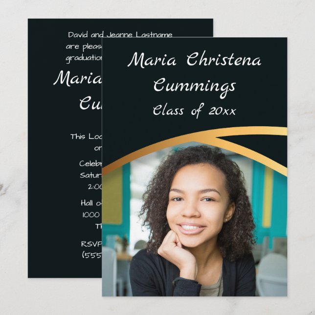 Invitación Clase De Elegancia Dorada De Graduación De Fotogra (Anverso / Reverso)
