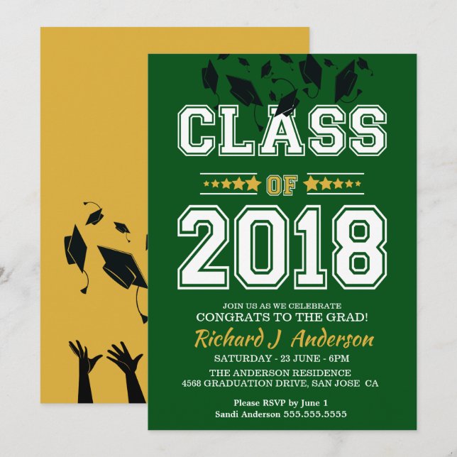 Invitación Clase de Fiesta de Grad Verde y Amarillo 2018 (Anverso / Reverso)