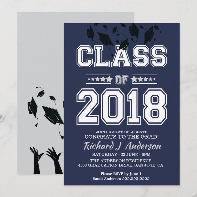 Invitación Clase de Fiesta Silver y Blue Grad 2018 (Anverso / Reverso)
