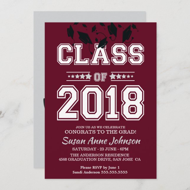 Invitación Clase de Fiesta Silver y Burgundy Grad 2018 (Anverso / Reverso)