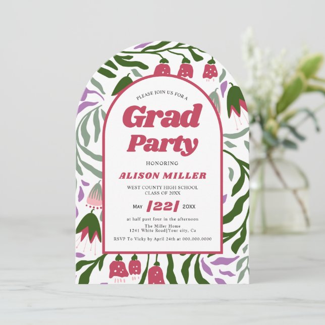 Invitación Clase de flores retro 2025 Graduación arqueada (Anverso de pie)
