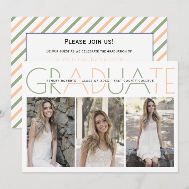 Invitación Clase de foto de graduación de melocotón verde de  (Anverso / Reverso)
