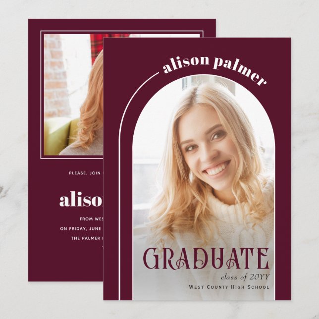 Invitación Clase de foto de GRADUATE arch burgundy 2025 (Anverso / Reverso)