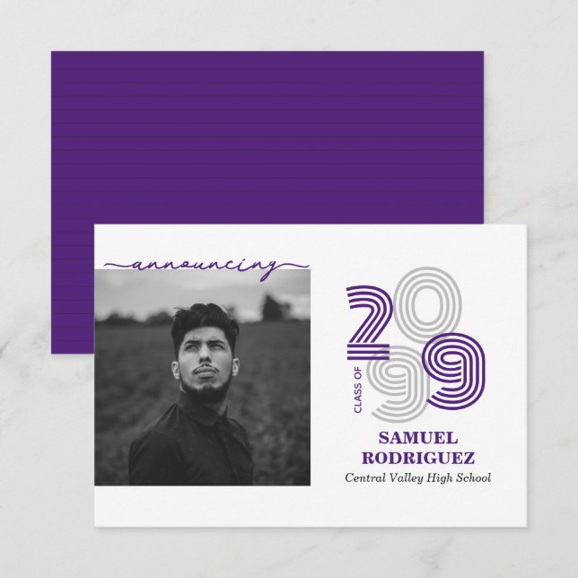 Invitación Clase de foto de números grandes retro púrpura (Anverso / Reverso)