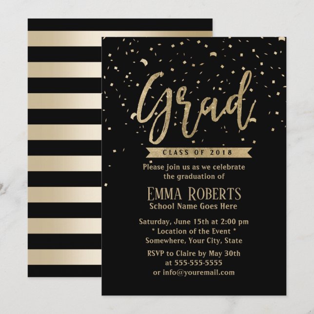 Invitación Clase de Graduación de Confetti de Oro Moderno 201 (Anverso / Reverso)