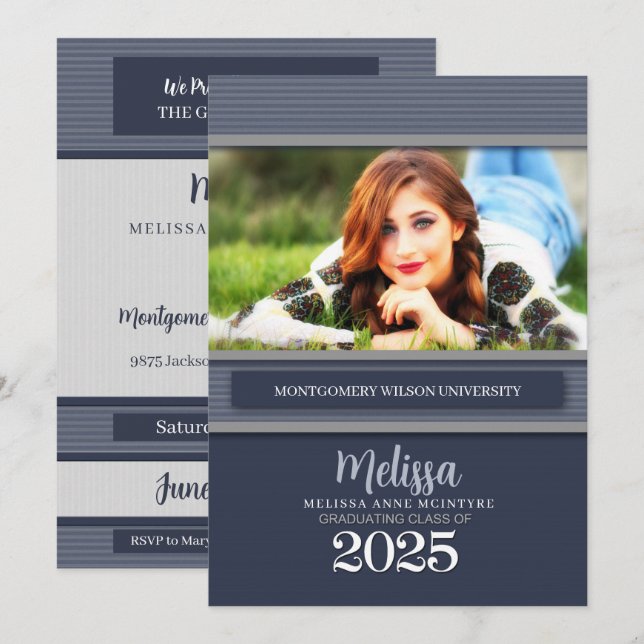 Invitación Clase de Graduación de Foto de Blue Pinstripe 2025 (Anverso / Reverso)
