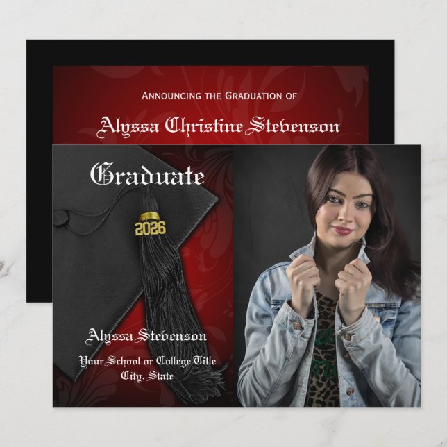 Invitación Clase de Graduación de Foto de Tassel Rojo 2025 (Anverso / Reverso)