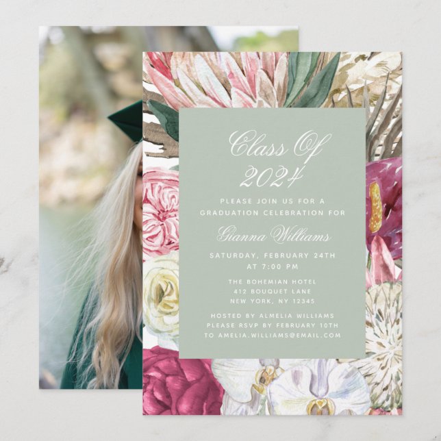 Invitación Clase de Graduación de Foto Floral acuática 2022 (Anverso / Reverso)