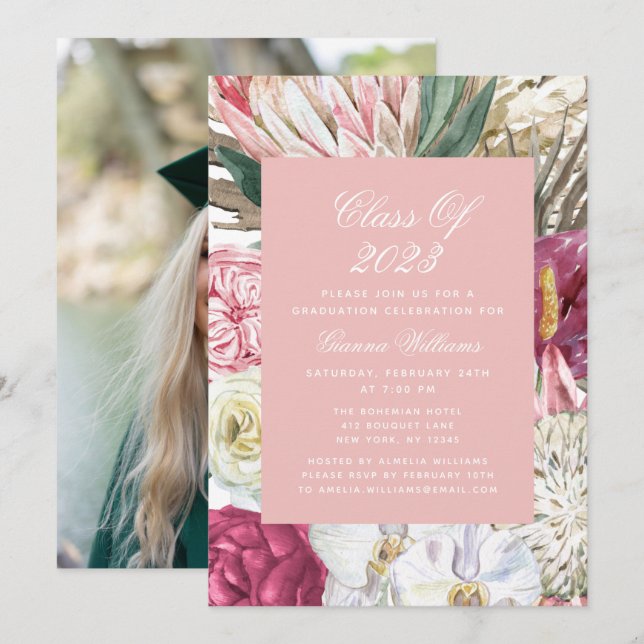 Invitación Clase de Graduación de Foto Floral acuática 2022 (Anverso / Reverso)