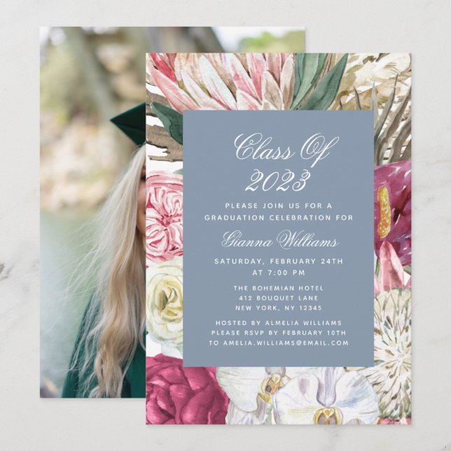 Invitación Clase de Graduación de Foto Floral acuática 2022 (Anverso / Reverso)