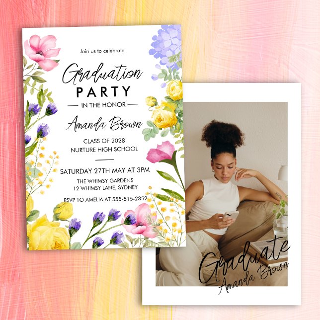 Invitación Clase de Graduación de Foto Floral de acuarela de  (Subido por el creador)