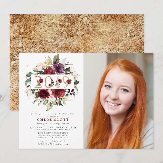 Invitación Clase de Graduación de Foto Floral Púrpura Roja 20 (Anverso / Reverso)