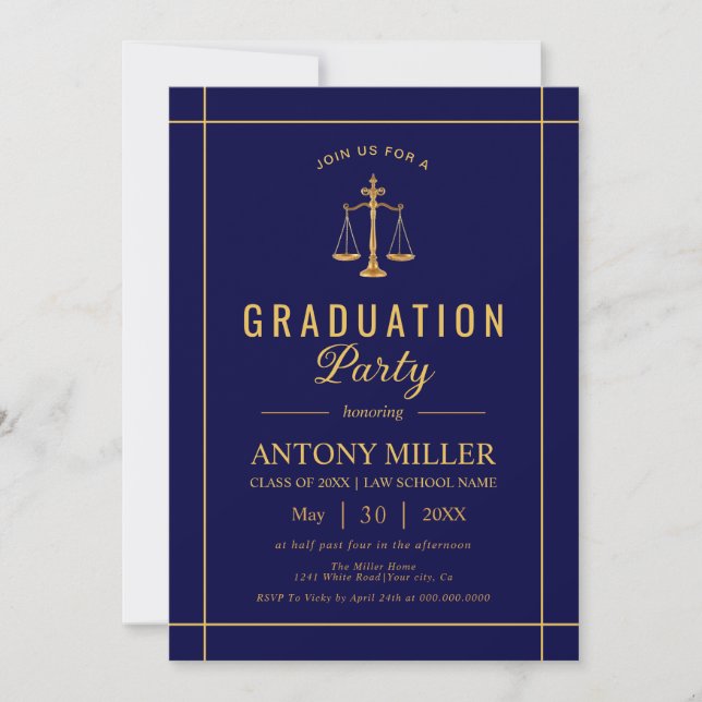 Invitación Clase de graduación de la escuela de derecho azul  (Anverso)