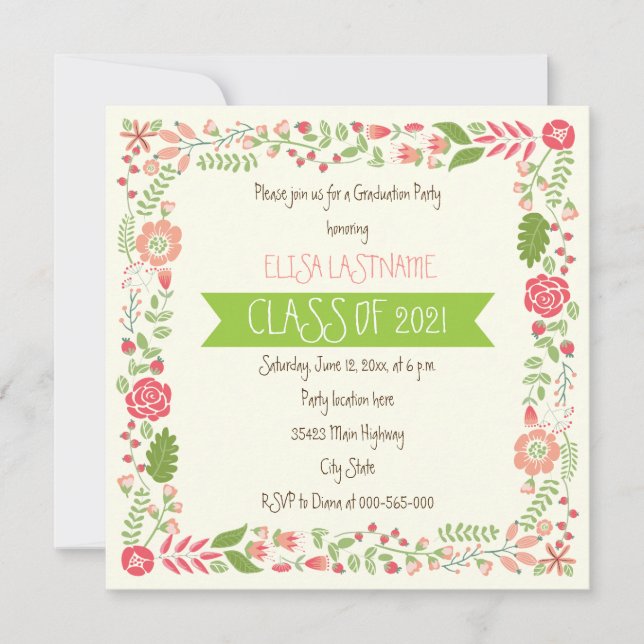 Invitación Clase de graduación de la frontera floral rosa de  (Anverso)