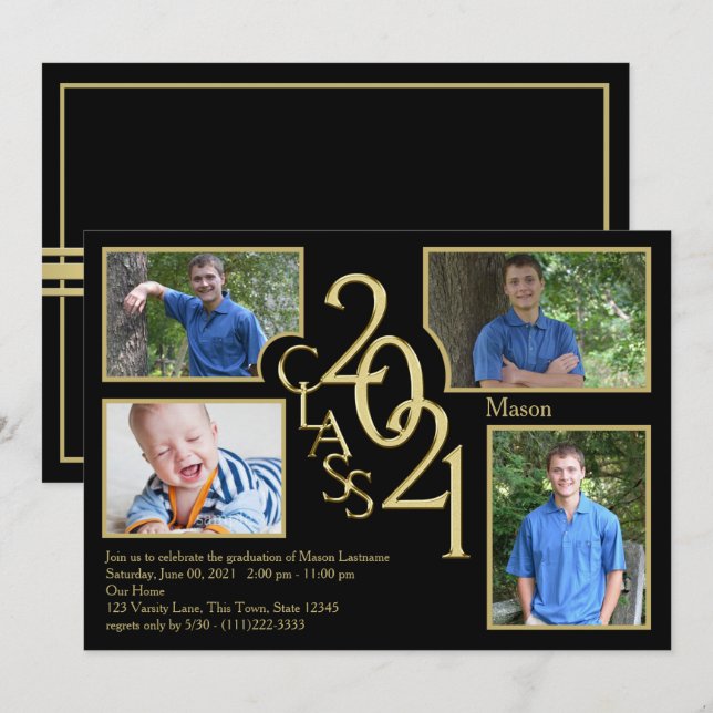 Invitación Clase de graduación de Quad Photo Black 2021 (Anverso / Reverso)