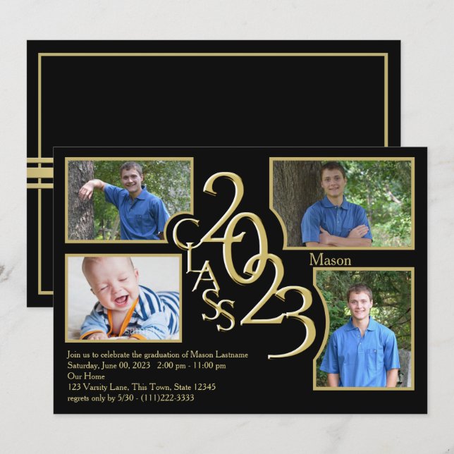 Invitación Clase de graduación de Quad Photo Black 2023 (Anverso / Reverso)
