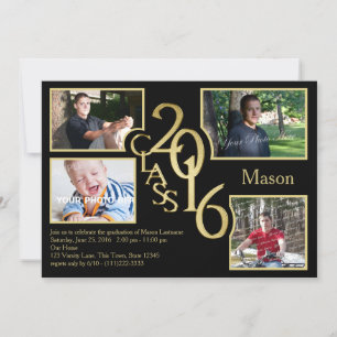 Invitación Clase de graduación de Quad Photo Black en 2016