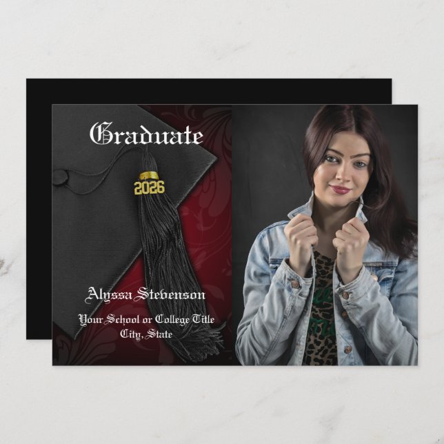 Invitación Clase de Graduación Digna de Tassel Rojo 2025 (Anverso / Reverso)