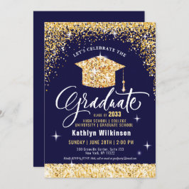 Invitación Clase de Graduación Elegante Azul Purpurina Oro 20