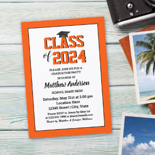 Invitación Clase de Graduación Elegante de Naranja Profundo e