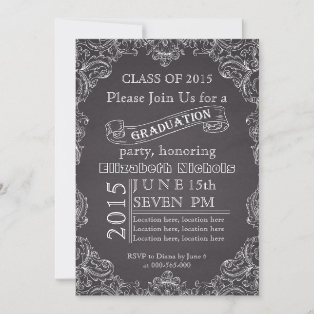 Invitación Clase de graduación en blanco negro de pizarra de  (Anverso)
