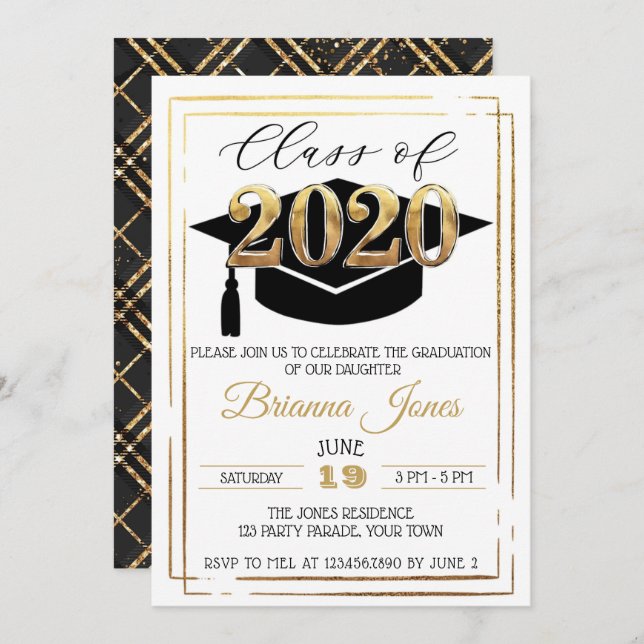 Invitación Clase de Graduación en Negro y Oro 2020 (Anverso / Reverso)