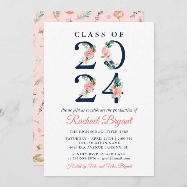 Invitación Clase de Graduación Floral de Coral acuarela de 20 (Anverso / Reverso)