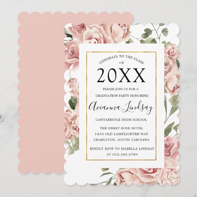 Invitación Clase de graduación floral rosa de 2022 (Anverso / Reverso)