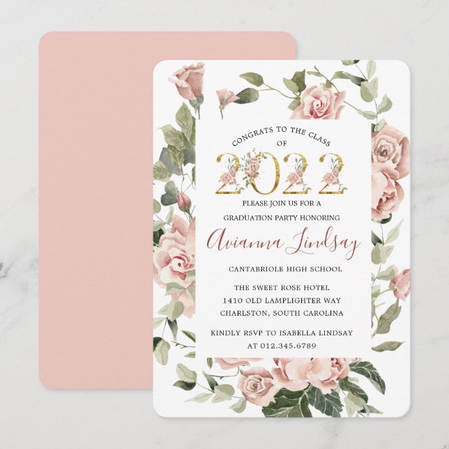 Invitación Clase de Graduación Floral Rosa Rosa Rosa Rosa de  (Anverso / Reverso)