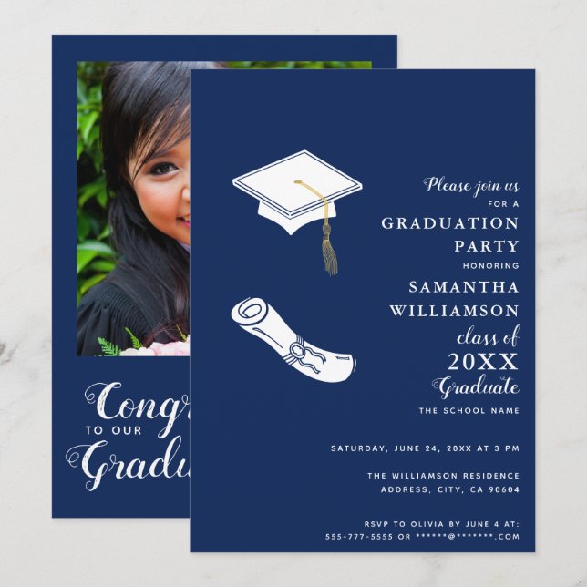 Invitación Clase de graduación fotográfica azul y blanca de l (Anverso / Reverso)