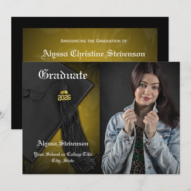 Invitación Clase de Graduación Fotográfica de Gold Tassel Col (Anverso / Reverso)