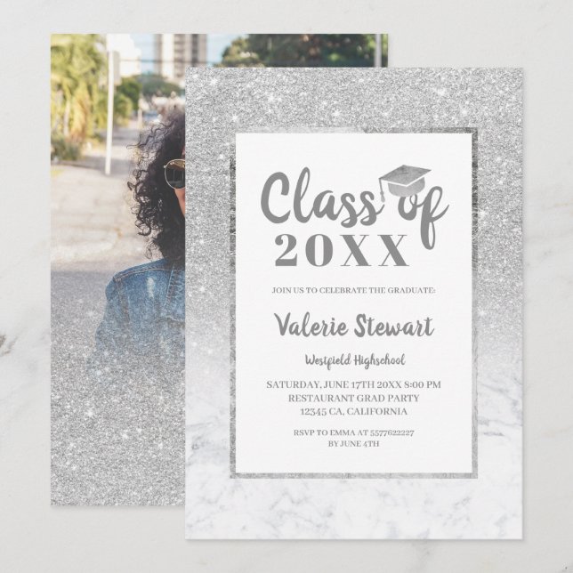 Invitación Clase de graduación fotográfica de purpurina de pl (Anverso / Reverso)