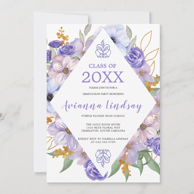 Invitación Clase de Graduación Morada Floral 2024 (Anverso)