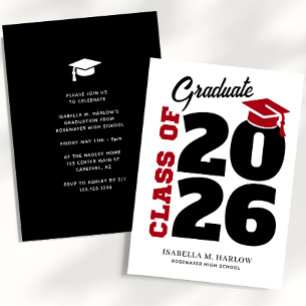 Invitación Clase de Graduación Retro Negro Rojo