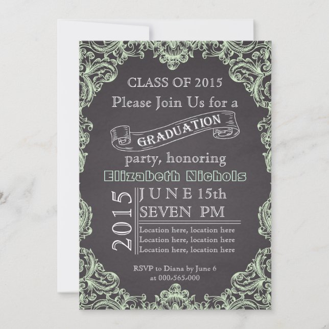 Invitación Clase de graduación verde de menta de pizarra de 2 (Anverso)