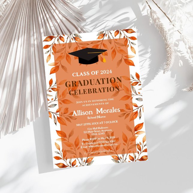 Invitación Clase de hojas de Naranja Terracotta de graduación (Set the tone for your graduation party with our vibrant orange leaves invitation. 🎉🌺)